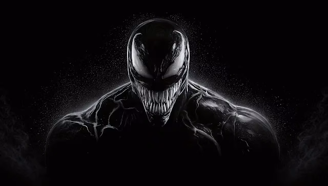 Black symbiote Venom grinning with sharp white teeth against a pitch black background under rim lighting.