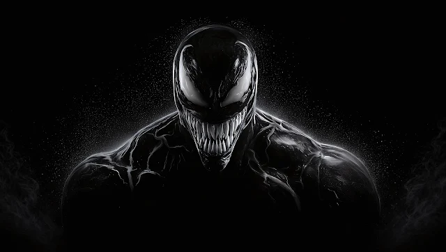 Marvel character Venom emerges against a black background with high-contrast monochrome rim lighting. Black symbiote Venom grinning with sharp white teeth against a pitch black background under rim lighting.