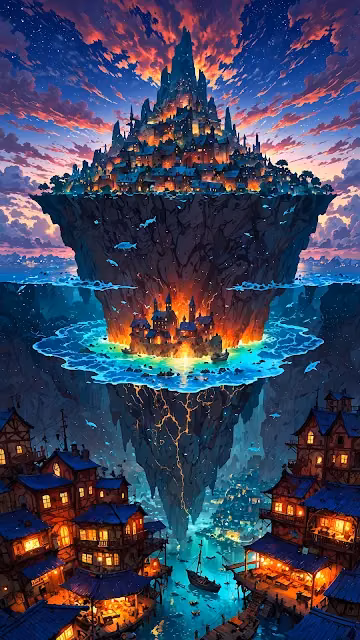 Vertical Fantasy City Built on a Floating Cliff at Sunset - Free 4K & 8K Mobile Wallpaper