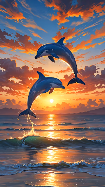 Vibrant Anime Dolphins Leaping Over Ocean at Sunset - Free 4K & 8K Mobile Wallpaper