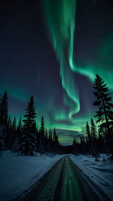 Vibrant Aurora Borealis Over Snowy Forest Road at Night - Free 4K & 8K Mobile Wallpaper