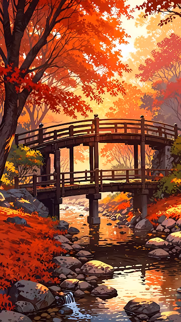 Vibrant Autumn Forest Bridge Japanese Style Landscape Art - Free 4K & 8K Mobile Wallpaper