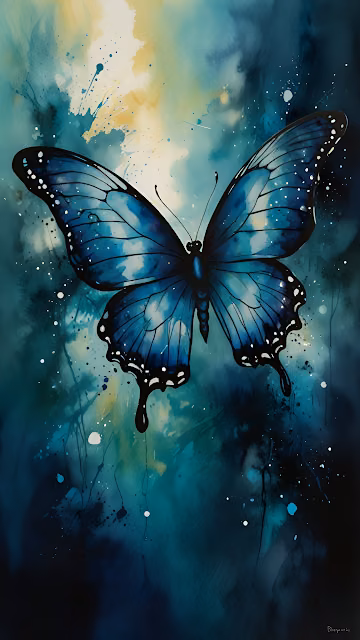 Vibrant Blue Butterfly Watercolor Splatter Art Teal Yellow - Free 4K & 8K Mobile Wallpaper