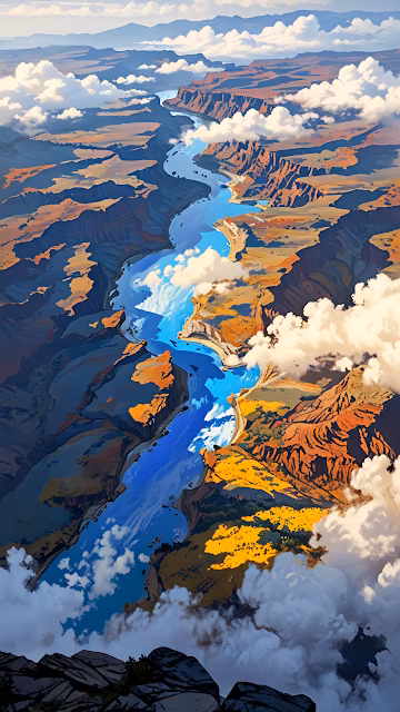Vibrant Canyon River Aerial View Stylized Painting - Free 4K & 8K Mobile Wallpaper