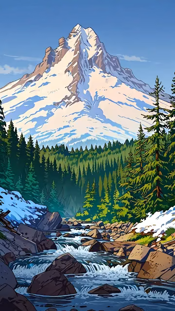 Vibrant Cartoon Snowy Mountain Forest River Illustration - Free 4K & 8K Mobile Wallpaper