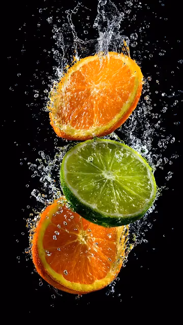 Vibrant Citrus Slices Splashing Water Black Background - Free 4K & 8K Mobile Wallpaper