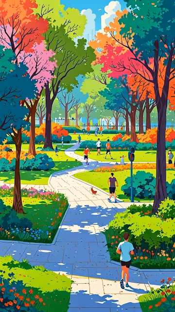 Vibrant City Park Jogging Path Illustration, Maximalist Colors - Free 4K & 8K Mobile Wallpaper