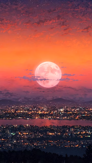 Vibrant Cityscape Under Huge Pink Moon and Sunset Sky - Free 4K & 8K Mobile Wallpaper