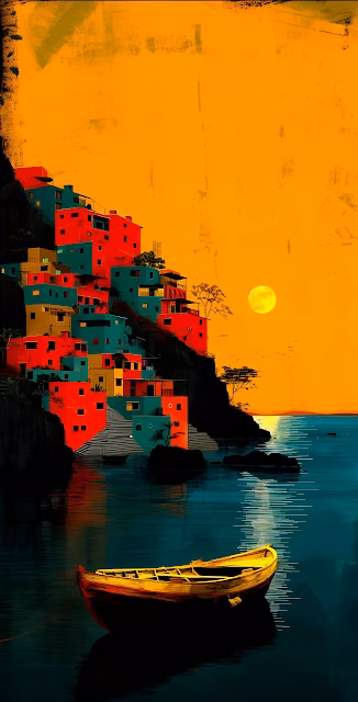 Vibrant Coastal Village Sunset Painting with Yellow Boat - Free 4K & 8K Mobile Wallpaper