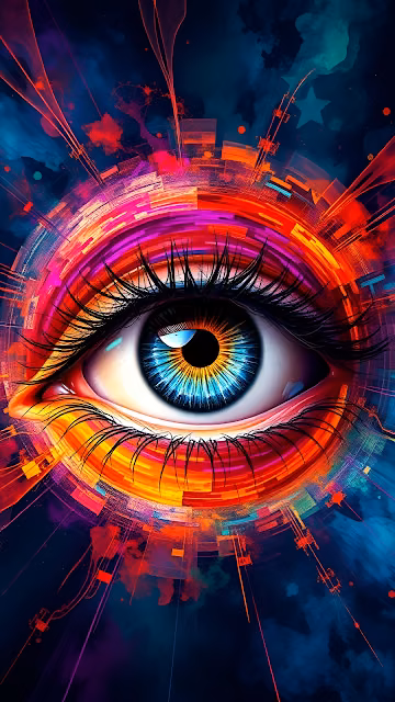 Vibrant cosmic eye with neon rings and digital cityscape - Free 4K & 8K Mobile Wallpaper