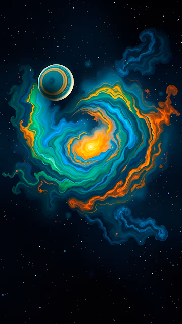 Vibrant Cosmic Nebula Swirl with Striped Planet Artwork - Free 4K & 8K Mobile Wallpaper