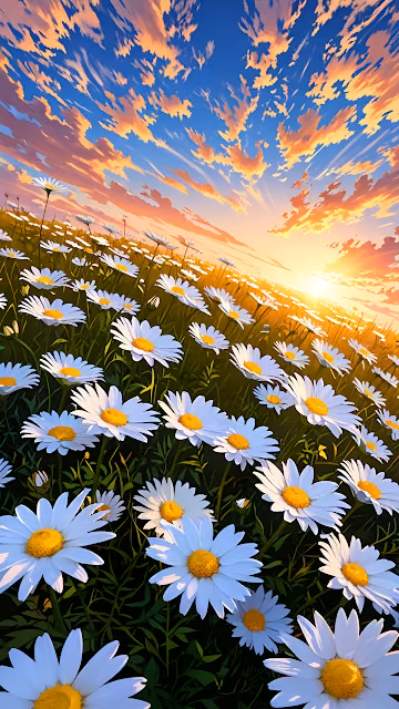 Vibrant Daisy Field Sunset Golden Hour Nature Scenery - Free 4K & 8K Mobile Wallpaper