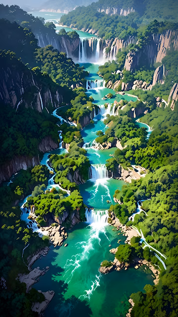 Vibrant Emerald Waterfalls Cascading Jungle River Valley - Free 4K & 8K Mobile Wallpaper
