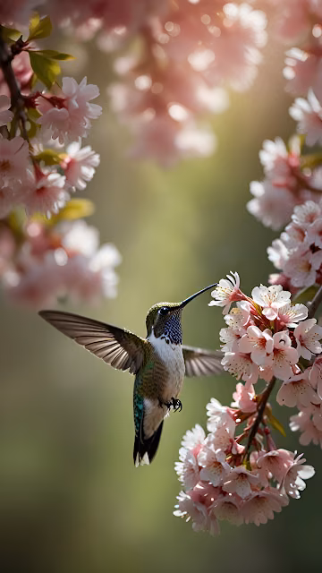 Vibrant Hummingbird Feeding Pink Sakura Bloom Spring Macro Shot - Free 4K & 8K Mobile Wallpaper