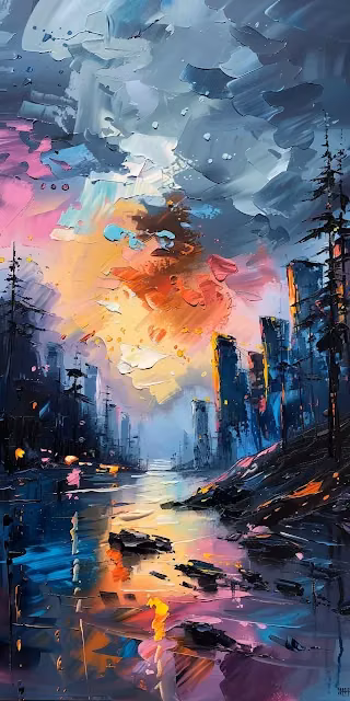 Vibrant Impasto Cityscape Painting Dramatic Sunset Colors - Free 4K & 8K Mobile Wallpaper