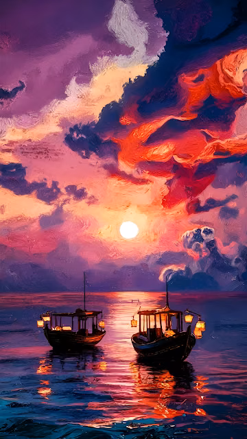 Vibrant Impressionist Sunset Boats Oil Painting Texture - Free 4K & 8K Mobile Wallpaper