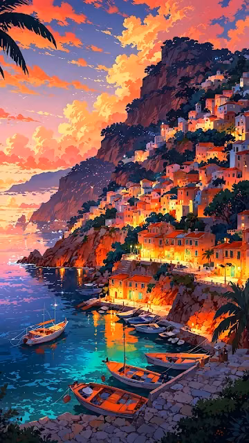 Vibrant Mediterranean Coastal Town Sunset Cliffside Village - Free 4K & 8K Mobile Wallpaper
