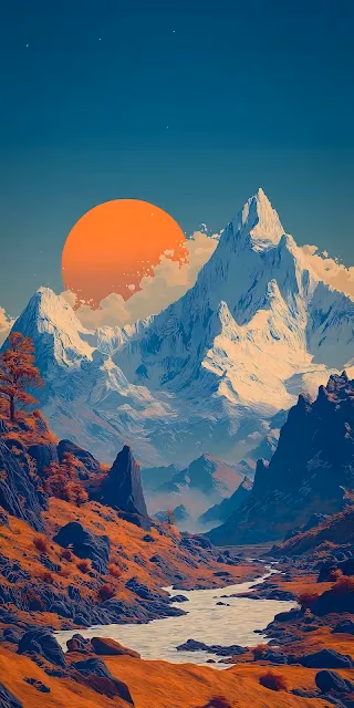 Vibrant Mountain Landscape with Orange Sun and River - Free 4K & 8K Mobile Wallpaper
