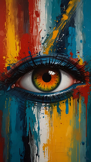Vibrant Paint-Splashed Eye with Rainbow Iris Against Abstract Background - Free 4K & 8K Mobile Wallpaper