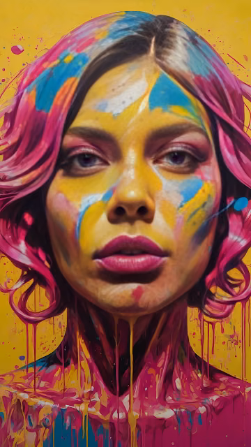 Vibrant Paint-Splashed Portrait on Yellow Background - Free 4K & 8K Mobile Wallpaper
