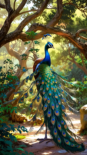 Vibrant Peacock Displaying Tail Feathers in Lush Green Forest - Free 4K & 8K Mobile Wallpaper