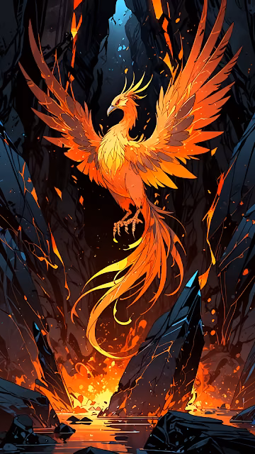 Vibrant Phoenix Rising From Molten Lava Cavern - Free 4K & 8K Mobile Wallpaper