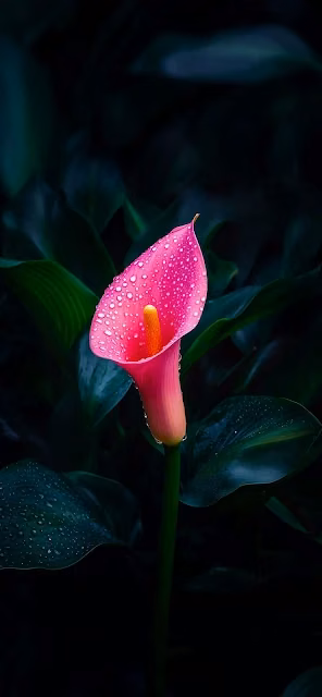 Vibrant Pink Calla Lily with Dew Drops Against Dark Foliage - Free 4K & 8K Mobile Wallpaper