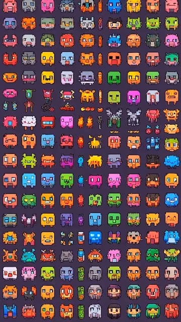 Vibrant Pixel Art Character Collection Grid Sprites - Free 4K & 8K Mobile Wallpaper