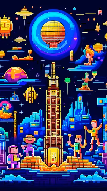 Vibrant Pixel Art City in Cosmic Space - Free 4K & 8K Mobile Wallpaper