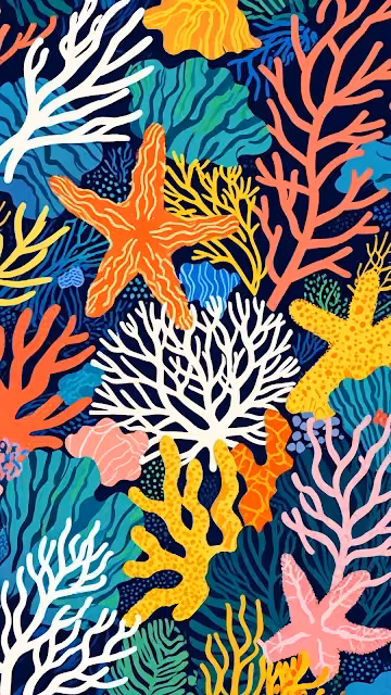Vibrant Pop Art Coral Reef and Starfish Pattern - Free 4K & 8K Mobile Wallpaper