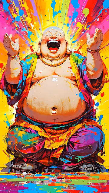 Vibrant Pop Art Laughing Buddha Splatter Painting - Free 4K & 8K Mobile Wallpaper