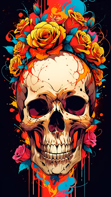 Vibrant Pop Art Skull with Yellow and Red Roses - Free 4K & 8K Mobile Wallpaper