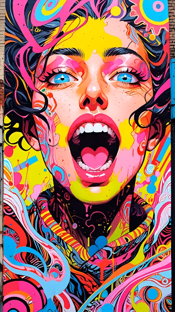 Vibrant Psychedelic Mural of Screaming Woman - Free 4K & 8K Mobile Wallpaper