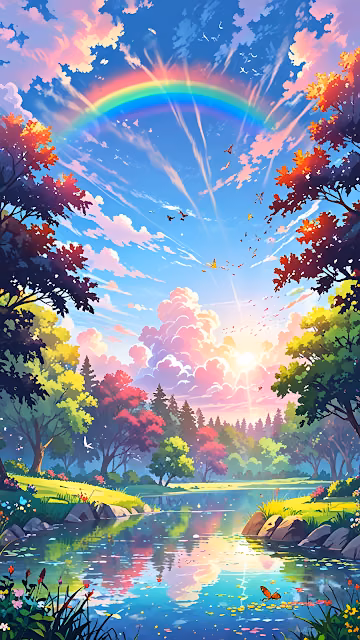 Vibrant Rainbow Over River in Colorful Autumn Forest - Free 4K & 8K Mobile Wallpaper