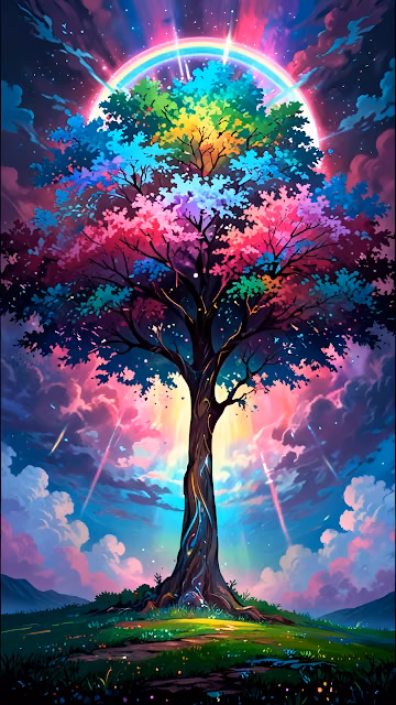 Vibrant Rainbow Tree of Life Fantasy Landscape Glowing Sky Art - Free 4K & 8K Mobile Wallpaper
