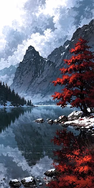 Vibrant Red Maple Tree by Snowy Mountain Lake Reflection - Free 4K & 8K Mobile Wallpaper