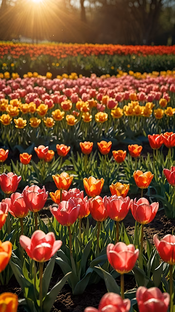 Vibrant Red Orange Tulip Field Sunlight Flare - Free 4K & 8K Mobile Wallpaper