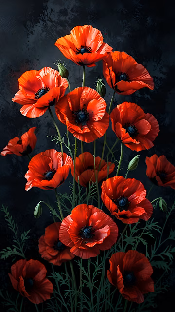 Vibrant Red Poppies Dark Moody Floral Arrangement - Free 4K & 8K Mobile Wallpaper