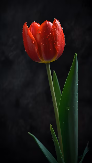 Vibrant Red Tulip with Dew Drops Dark Contrast - Free 4K & 8K Mobile Wallpaper