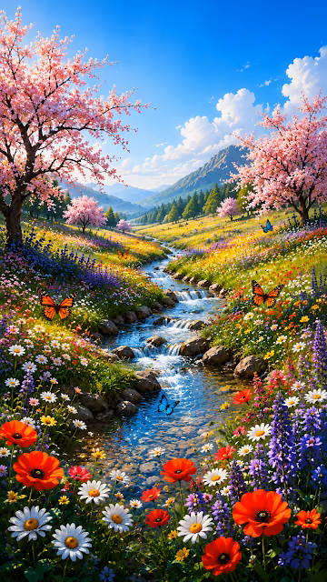 Vibrant Spring Meadow Landscape with Blooming Trees and Brook - Free 4K & 8K Mobile Wallpaper