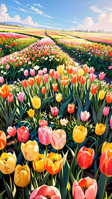 Vibrant Spring Tulip Fields Landscape Sunny Day Vertical - Free 4K & 8K Mobile Wallpaper