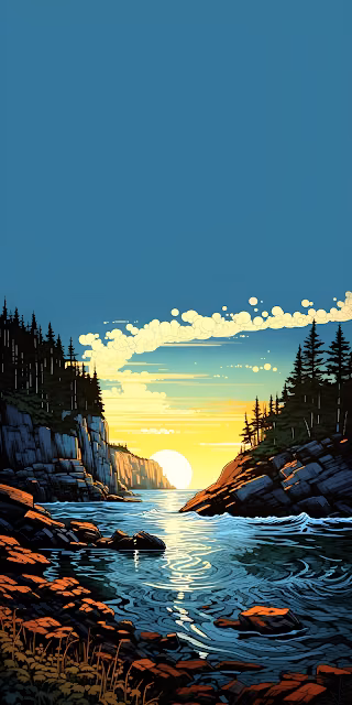 Vibrant Sunset Cove Illustration Pine Forest Cliffs - Free 4K & 8K Mobile Wallpaper