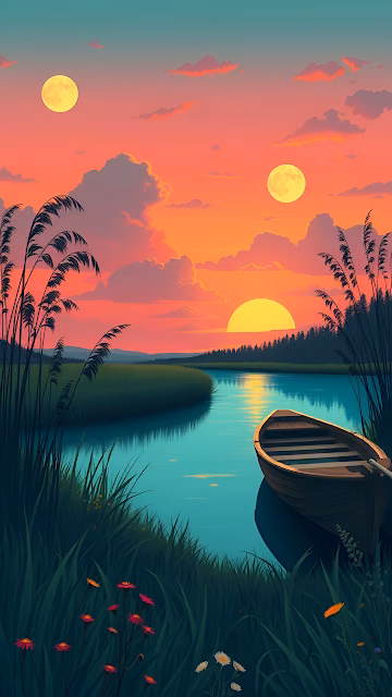 Vibrant Sunset Marsh Illustration with Boat and Dual Moons - Free 4K & 8K Mobile Wallpaper
