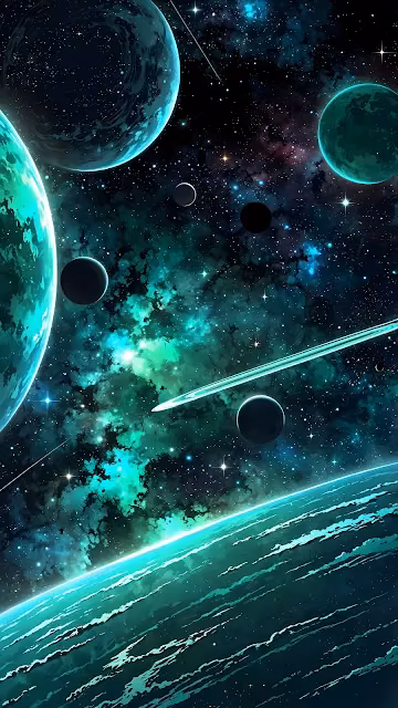 Vibrant Teal and Green Space Nebula with Planets - Free 4K & 8K Mobile Wallpaper