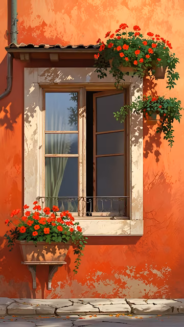 Vibrant Terracotta Wall Window with Red Geraniums Art - Free 4K & 8K Mobile Wallpaper