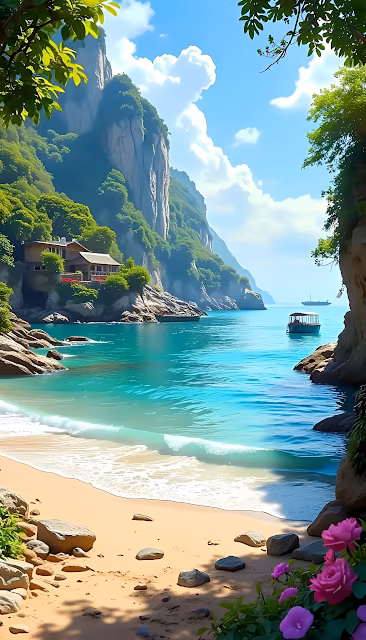 Vibrant Tropical Cove Beach with Turquoise Water and Cliffs - Free 4K & 8K Mobile Wallpaper