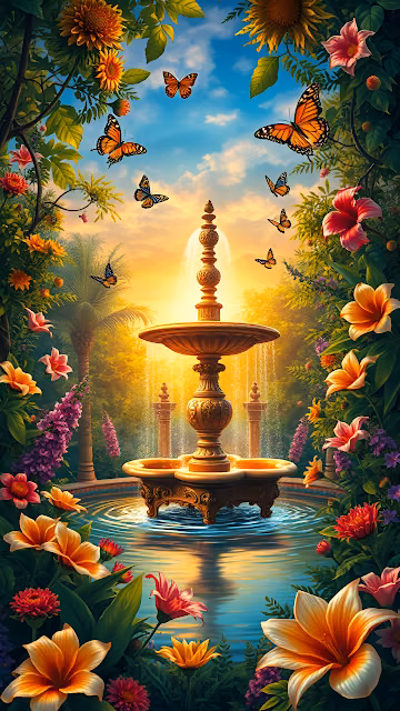 Vibrant Tropical Fountain Garden with Monarch Butterflies - Free 4K & 8K Mobile Wallpaper