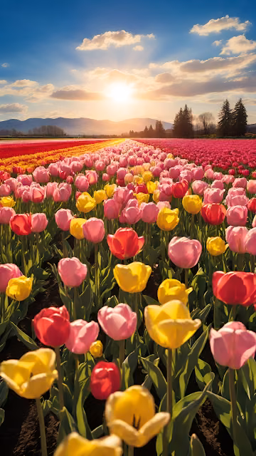 Vibrant Tulip Field Sunset Landscape Spring Bloom - Free 4K & 8K Mobile Wallpaper