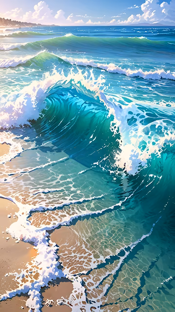Vibrant Turquoise Ocean Wave Crashing Sandy Shoreline Art - Free 4K & 8K Mobile Wallpaper