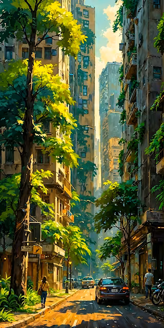 Vibrant Urban Jungle Alley Impressionist City Painting - Free 4K & 8K Mobile Wallpaper